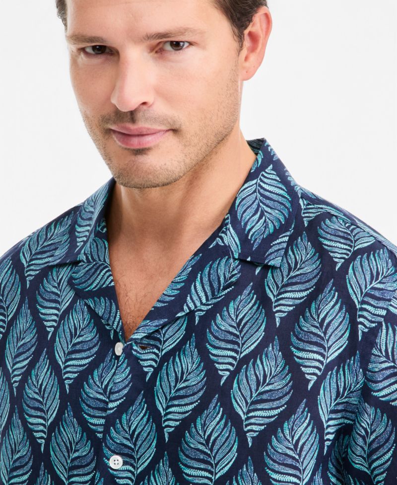 Men's Linen Leaf-Print Short-Sleeve Shirt