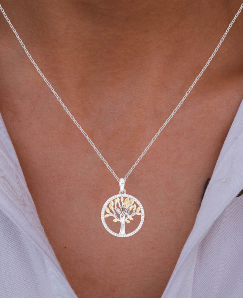 Cubic Zirconia Tree Pendant Necklace in Sterling Silver & 14k Gold-Plate, 16" + 2" extender (Also in Sterling Silver)