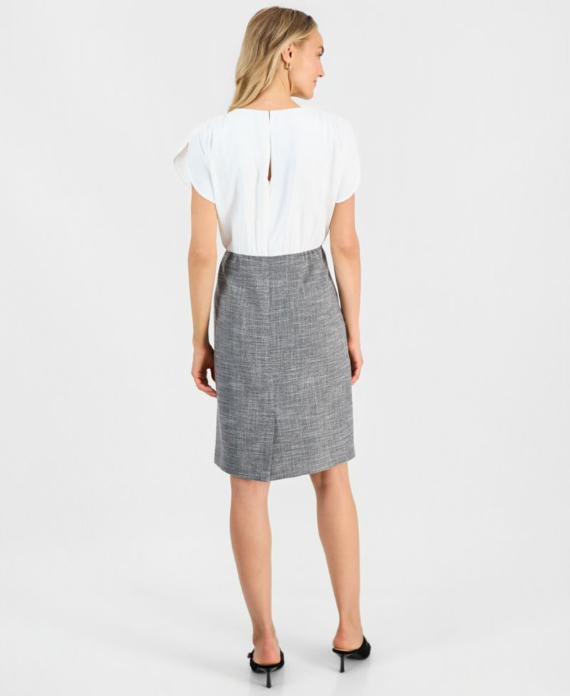 Petite Mixed-Media Tulip-Sleeve Sheath Dress