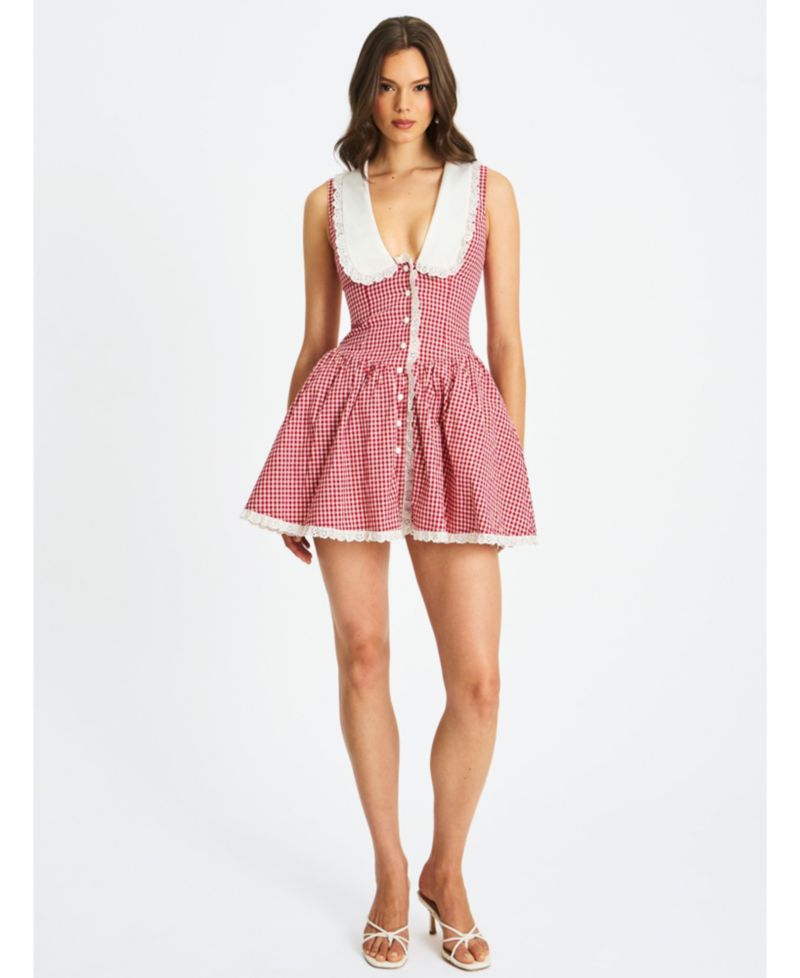 Women's Nala Red Gingham Eyelet Lace Trim Peterpan Collar Mini Dress