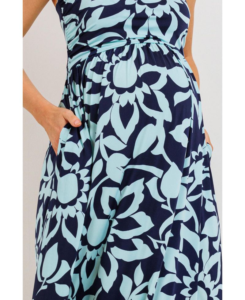 Women's Floral Strapless Empire Waist Maxi Dress with Side Pockets