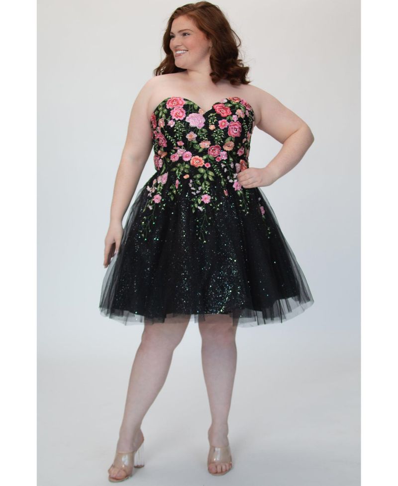 Plus Size Strapless Floral Embroidered Sparkle Tulle Short Party Dress