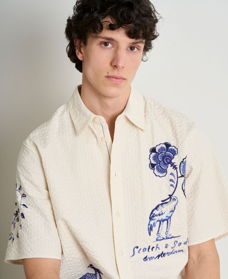 Men's Delfts Blauw Artwork Camp Collar Shirt