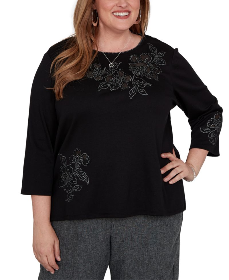 Plus Size Floral Scoop Neck 3/4-Sleeve Knit Top
