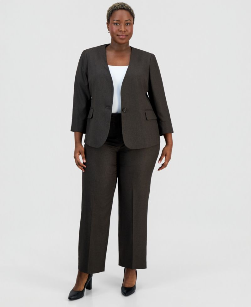 Plus Size Collarless One-Button Jacket & Fly-Front Wide-Leg Pants Suit