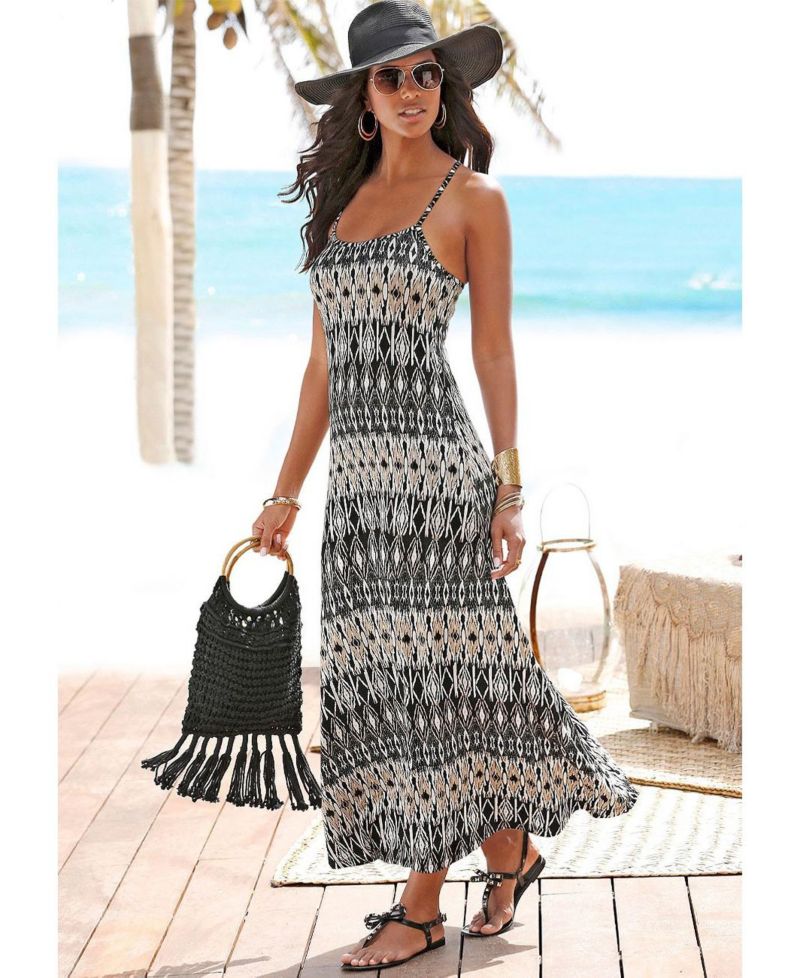 Women's Viscose Printed Crossed Strap Scoop-Neck Maxi Dress