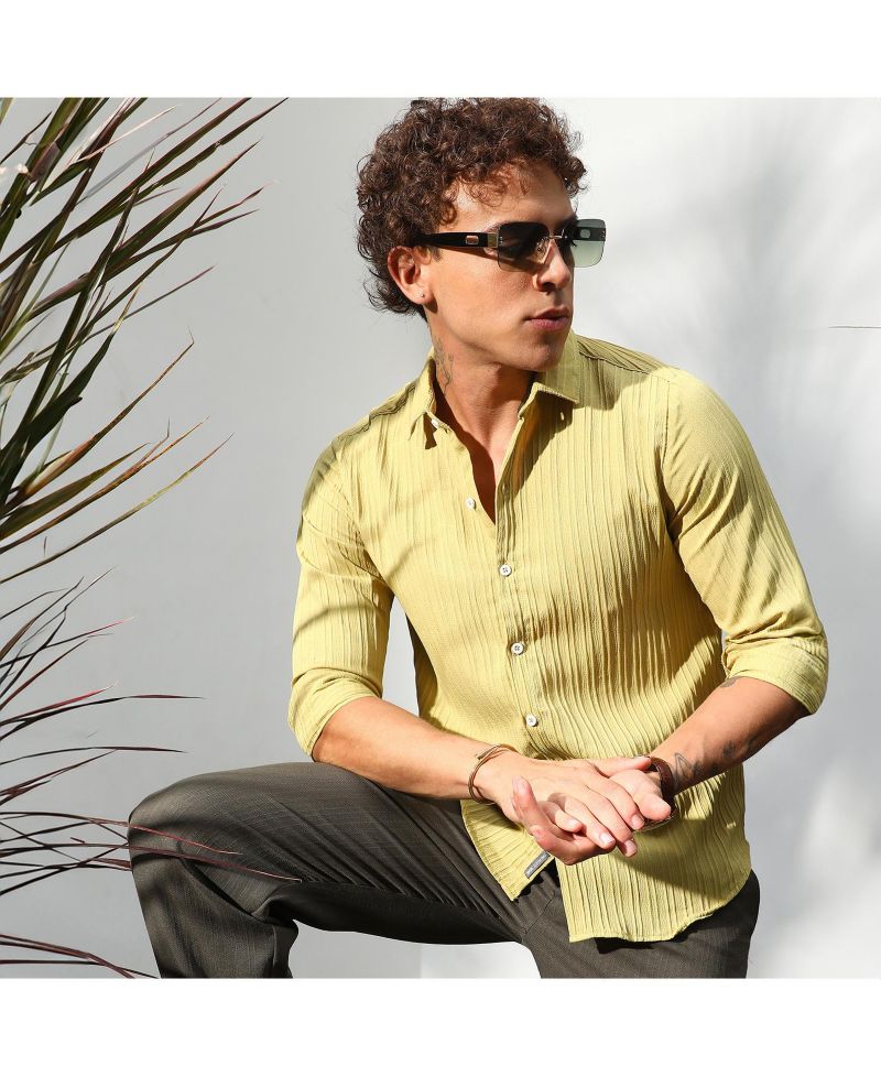 Men's Naples Yellow Self-Design Striped Shirt