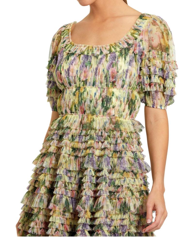 Women's Floral Mesh Puff Sleeve Ruffle Mini Dress