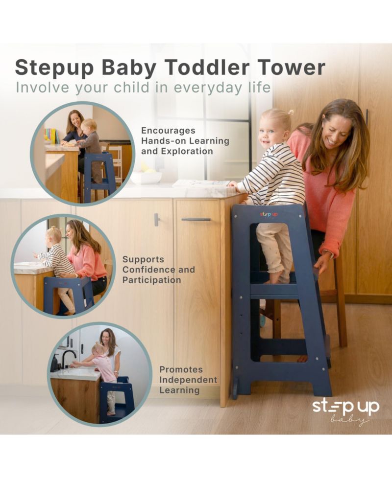 Toddler Tower Adjustable Height Wooden Step Stool for Kids Toddler Standing Tower and Child-safe Knife, Chopping Board for 18M-4Y