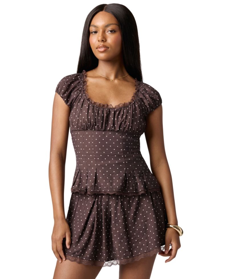 Juniors' Lace-Trim Printed Cap-Sleeve Top
