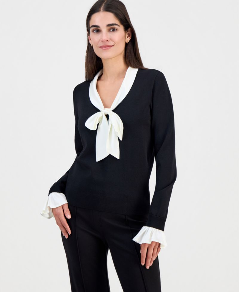 Women's Scarf-Neck Contrast-Trim Sweater