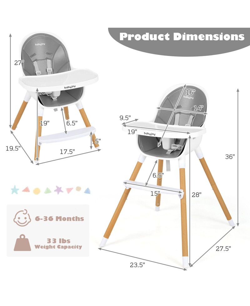 Kids 4-in-1 Convertible High Chair Feeding Chair with Adjustable Tray