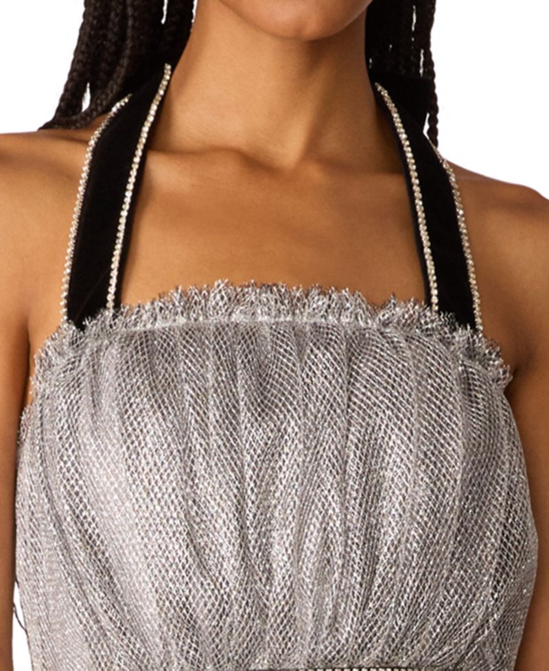 x Paris Hilton Juniors' Halter Open-Back Glittering Tulle Mini Dress