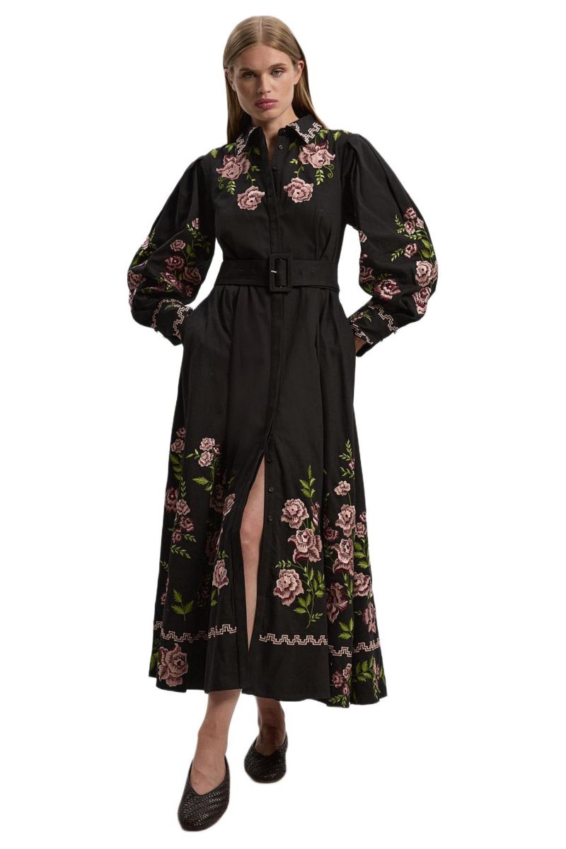 Women's Rose Embroidered Cotton Shirt Dress
