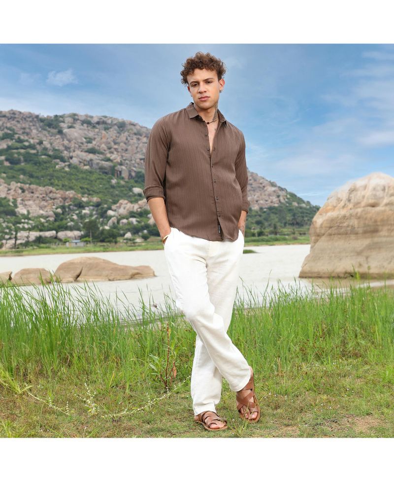 Men's Mocha Brown Self-Design Striped Shirt