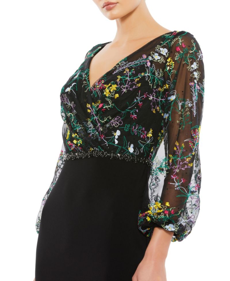 Women's Embroidered Illusion Puff Sleeve Column Gown