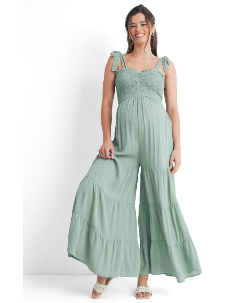 Maternity Sleeveless Smocked Wide Leg Jumpsuit with Tie Straps