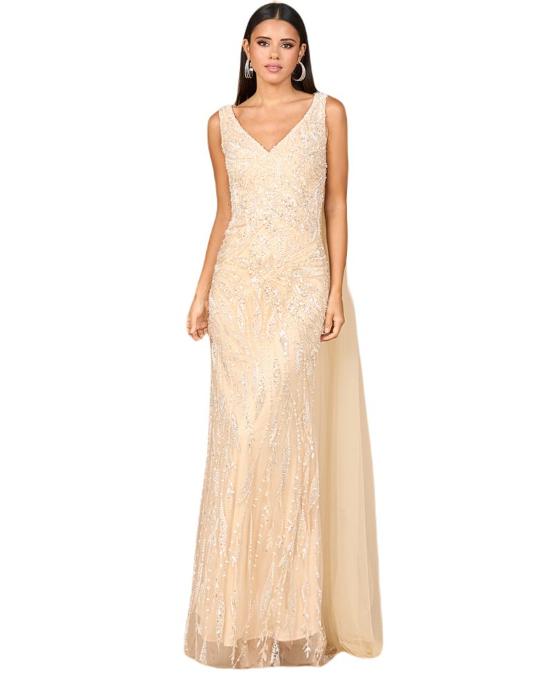 Women's V - Neck Gown with Long Cape Sleeves