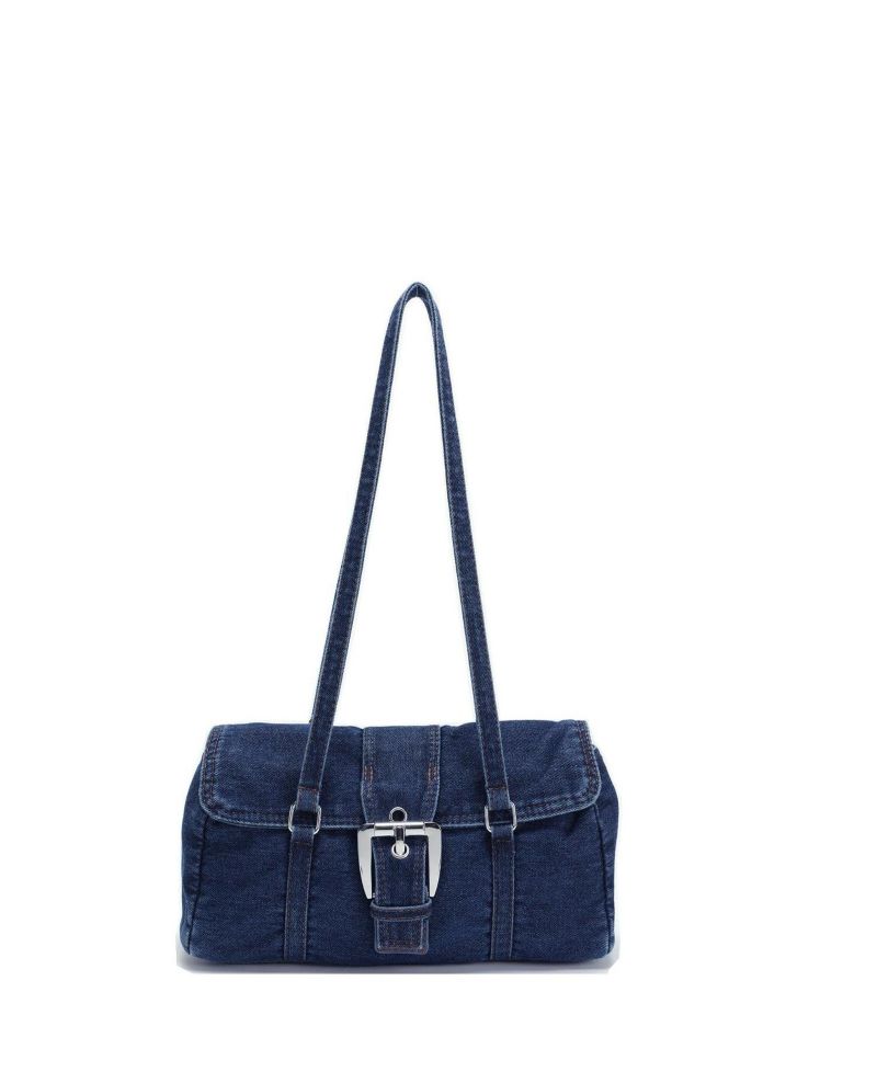 Denva Denim Baguette Shoulder Bag for Women East West Handbag Buckle Detail Casual Chic Everyday Purse