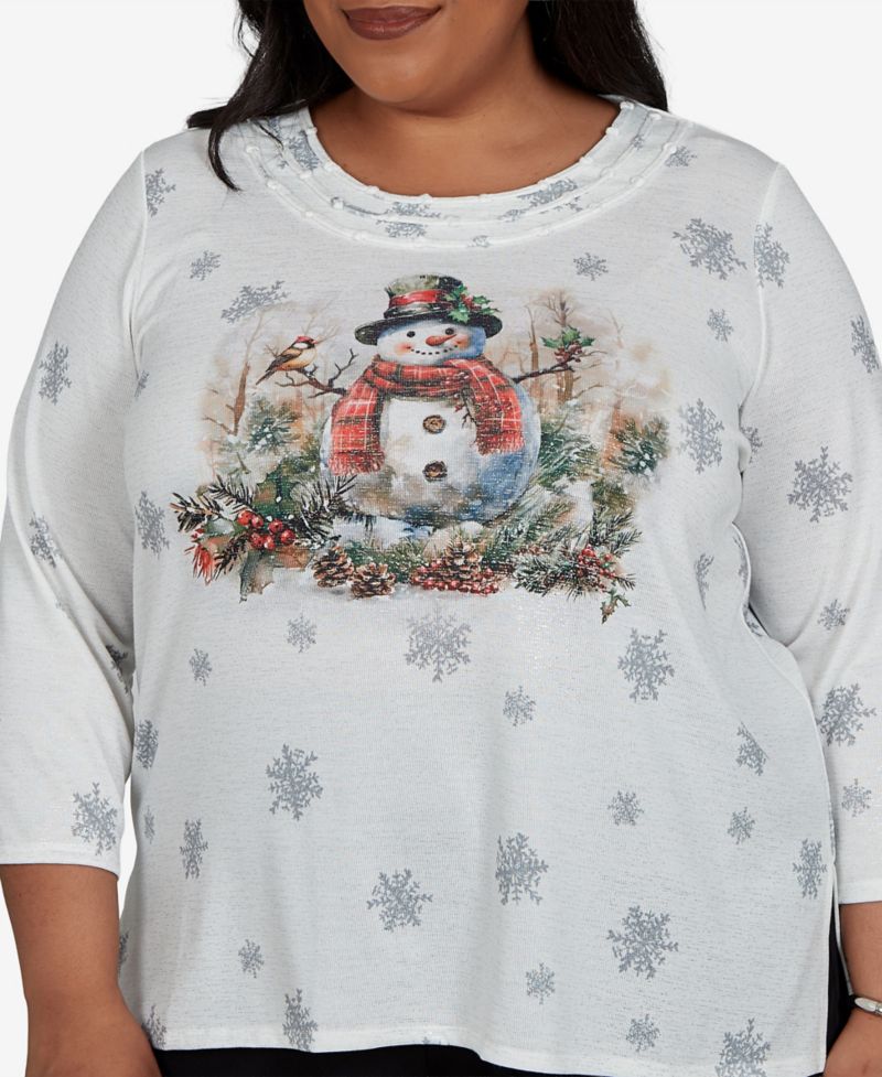 Plus Size Shimmering Snowman 3/4-Sleeve Holiday Top