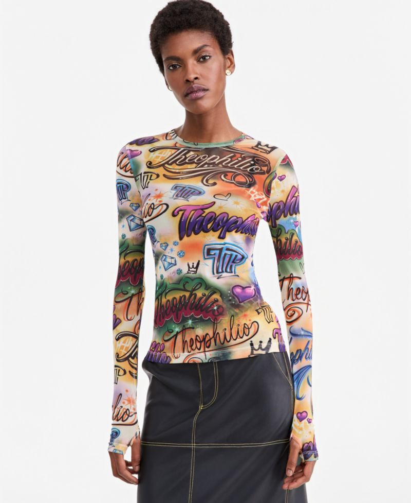Women's Graffiti Print Sheer-Mesh Long-Sleeve Top