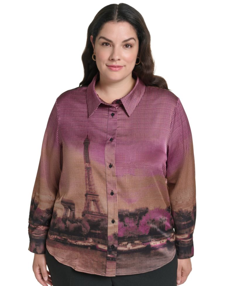 Plus Size Button-Down Collared Long-Sleeve Blouse