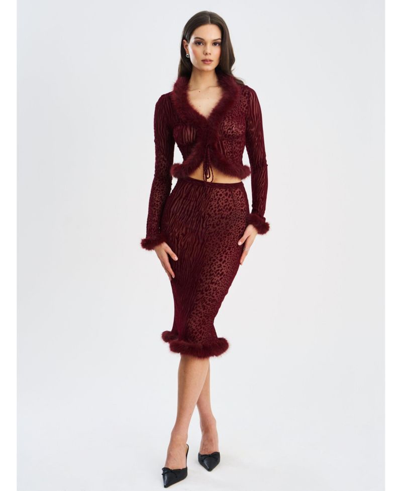 Women's Hali Burgundy Animal Print Burnout Velvet Fur Trim Top