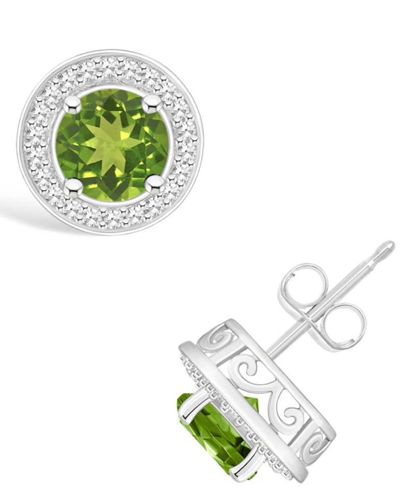 Peridot (1-9/10 ct. t.w.) and Diamond (1/5 ct. t.w.) Halo Studs in Sterling Silver