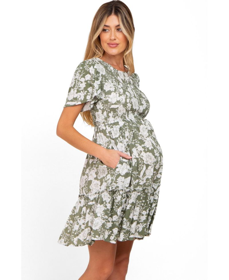 Maternity Floral Smocked Ruffle Dress