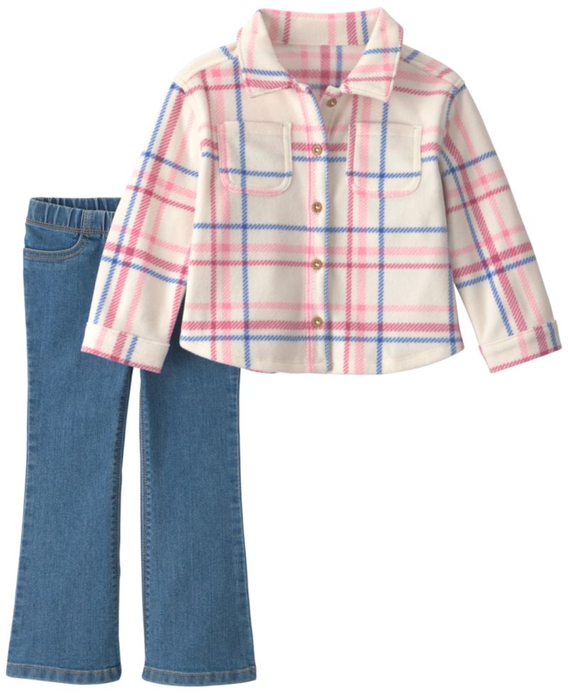 Baby Girls' Plaid Button-Front Fleece Top & Flare-Leg Denim Pants, 2-Piece Set
