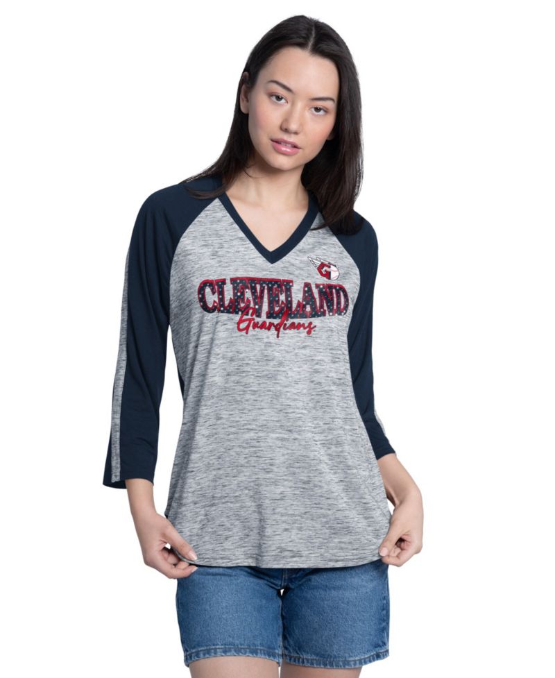 Women's Navy/Heather Navy Cleveland Guardians Speed Training 3/4-Sleeve Rhinestone V-Neck T-Shirt