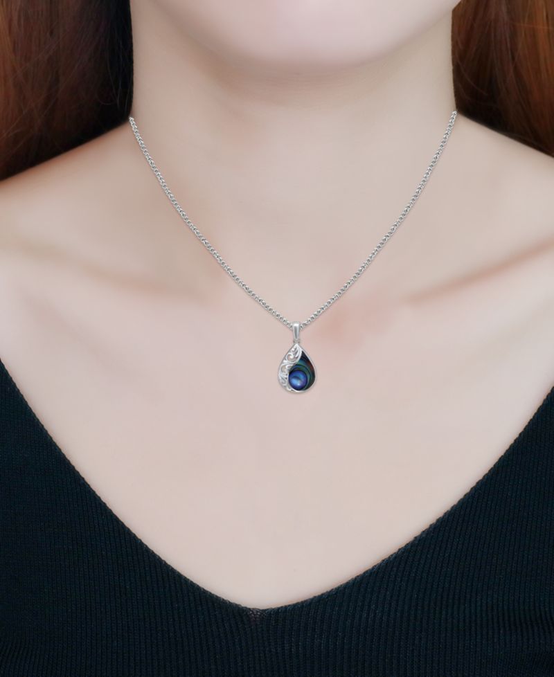 Abalone or Pink Shell Inlay Teardrop Filigree Pendant Necklace