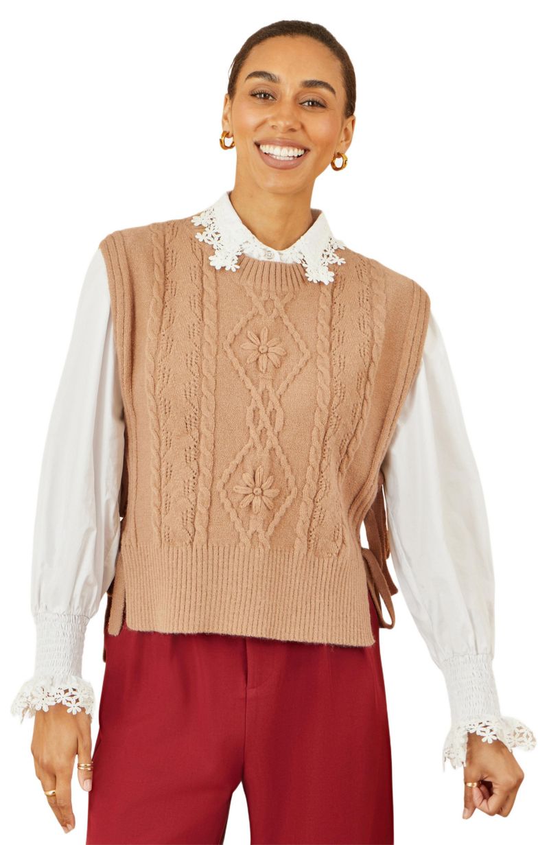 Women's Sweaters Floral Cable Knit Side Tie Pullover