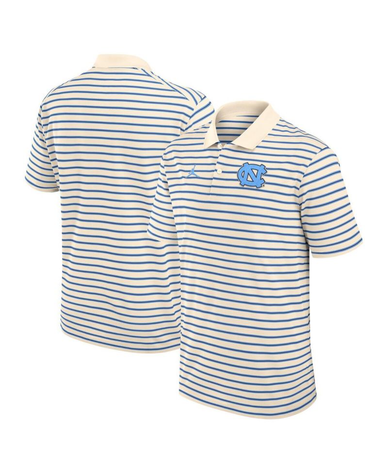 Men's Tan/Carolina Blue North Carolina Tar Heels Striped Primary Logo Performance Polo Shirt