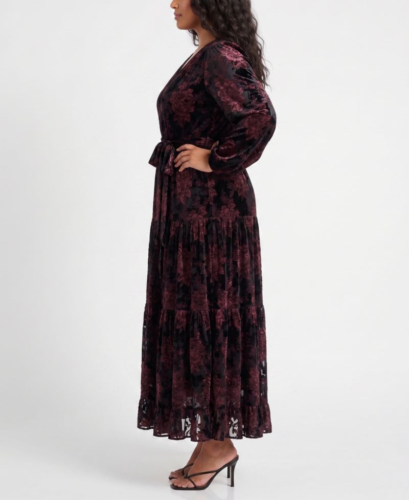 Plus Size Burnout Velvet Maxi Floral A-Line Dress
