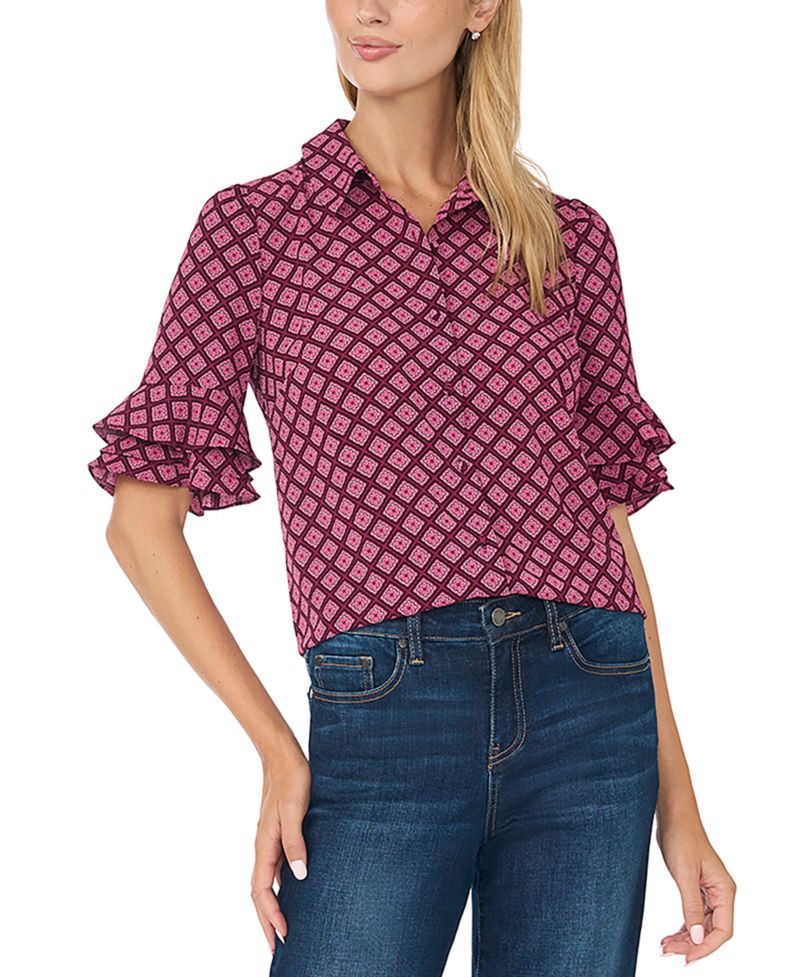 Women's Collared Button Up with Ruffle Sleeve Opening Geometric-Print Blouse
