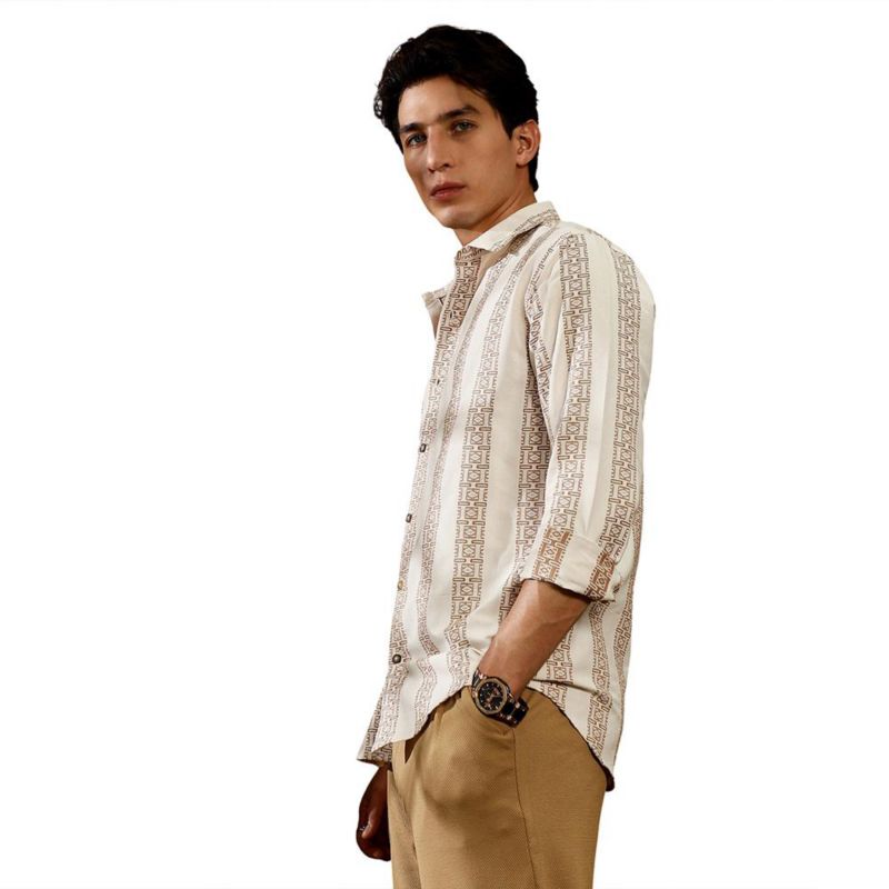 Men's Ash Brown & Off-White Indie-Stripe Jacquard Shirt