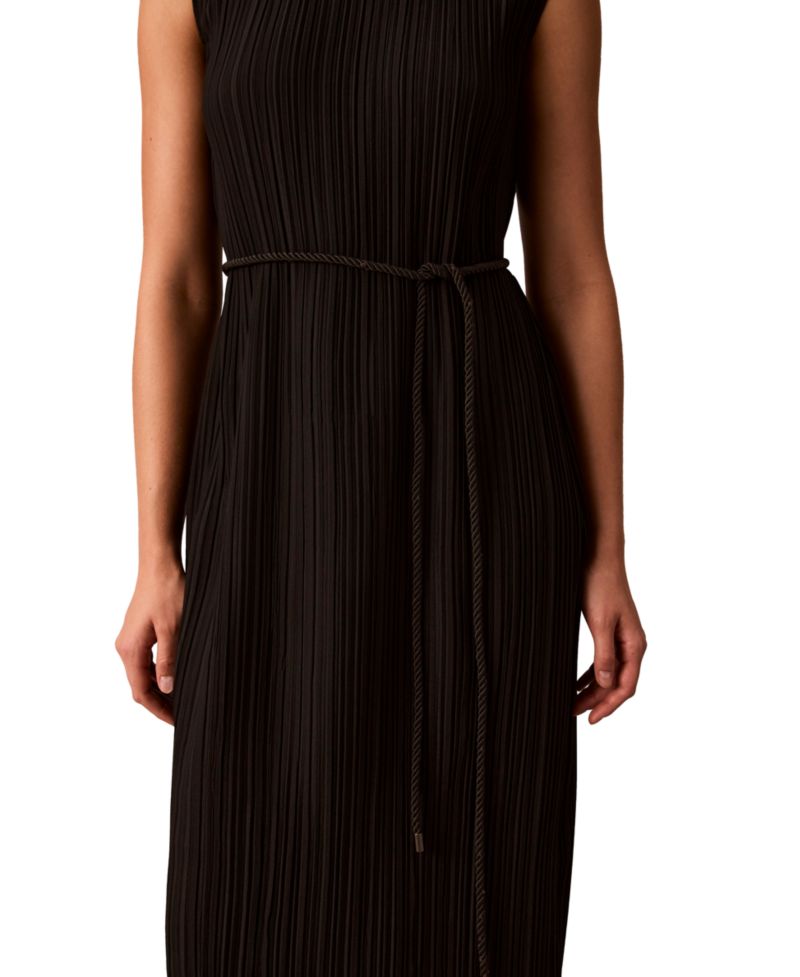 Women's Belted Pleated Boat Neck Midi Dress