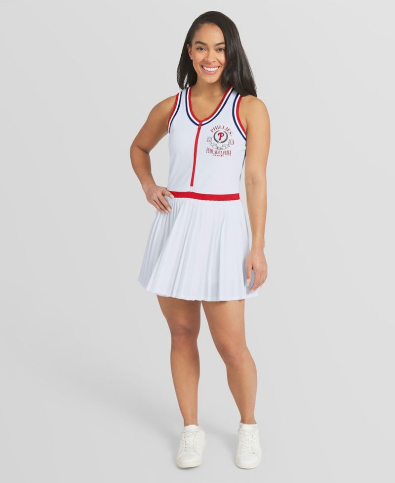 Women's White Philadelphia Phillies Zip-Front Pleated Tri-Blend Scoop Neck Tank Dress