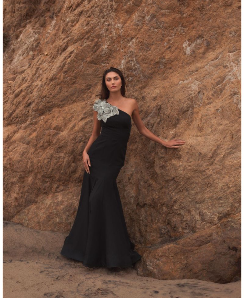 Petite Crepe One Shoulder Gown With Flower Detail