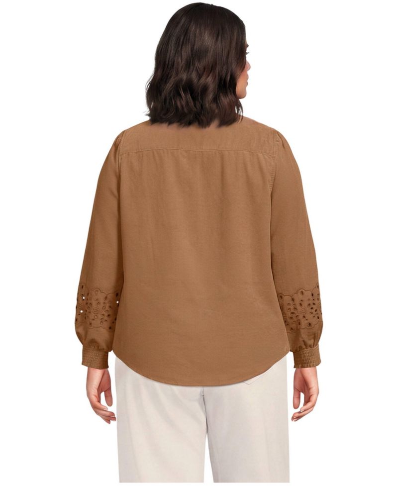 Plus Size Pinwale Corduroy Eyelet Sleeves Shirt