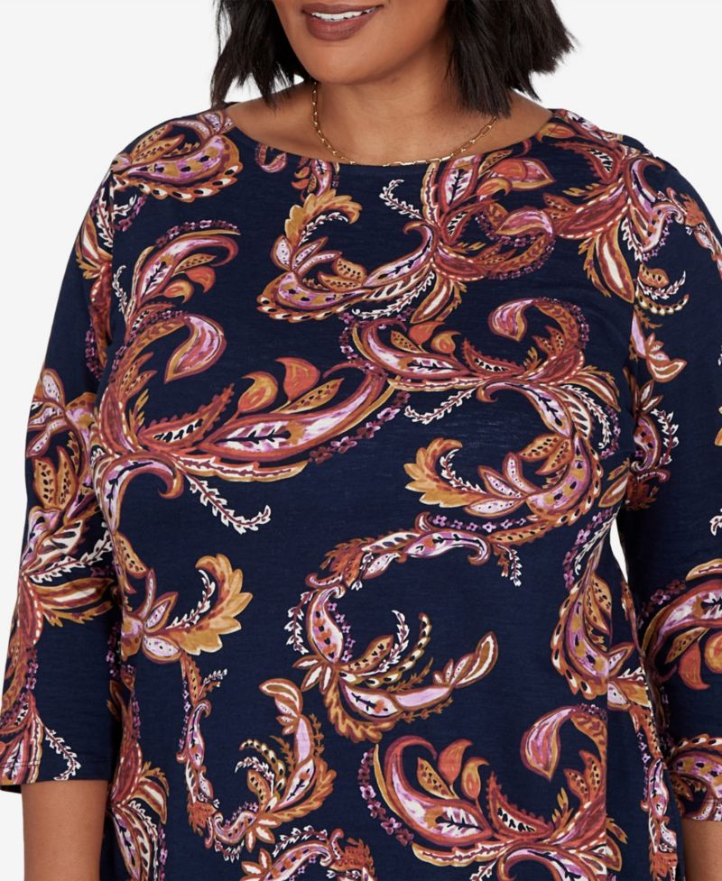 Plus Size Paisley 3/4-Sleeve Boat-Neck T-Shirt
