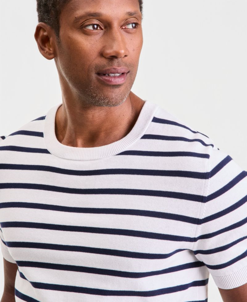 Men's Short-Sleeve Bengal Striped Cotton Sweater T-Shirt