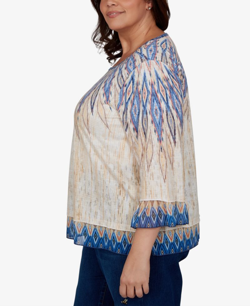 Plus Size Ikat-Print Scoop-Neck 3/4-Sleeve Blouse