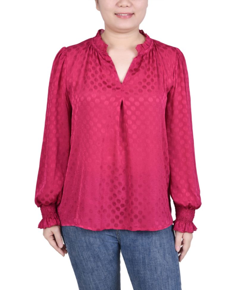 Petite Long Sleeve Smocked Cuff Blouse