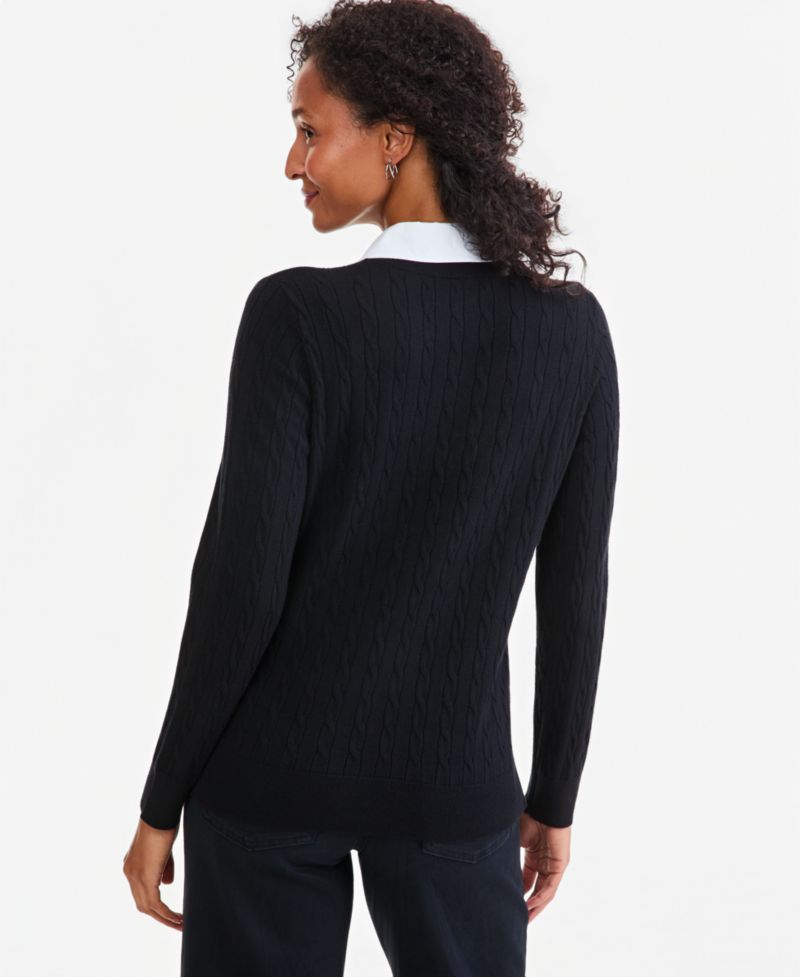 Petite Two-Fer Cable-Knit Polo Long-Sleeve Sweater
