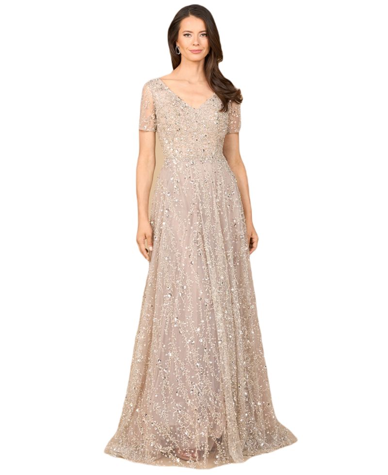 Women's Short Sleeve V-Neck Beaded Ballgown