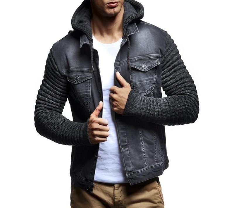 Men's LN5240 Casual Denim Jacket with Knitted Sleeves