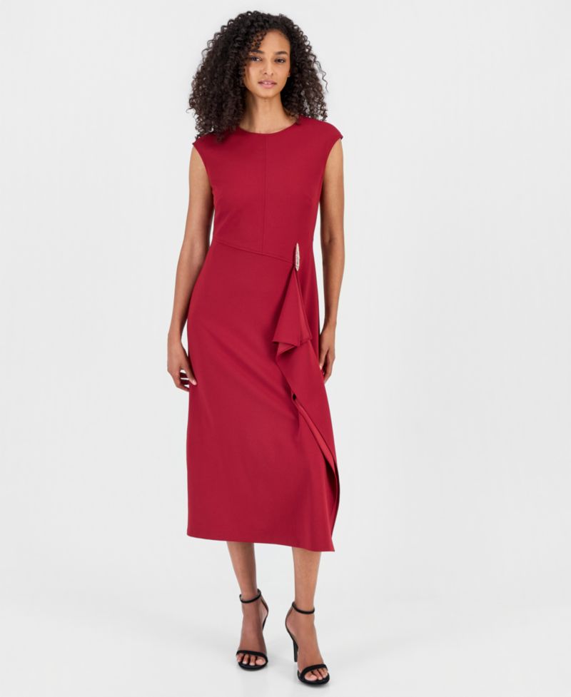 Women's Cocktail Fitted Cascade Ruffle Midi Dress