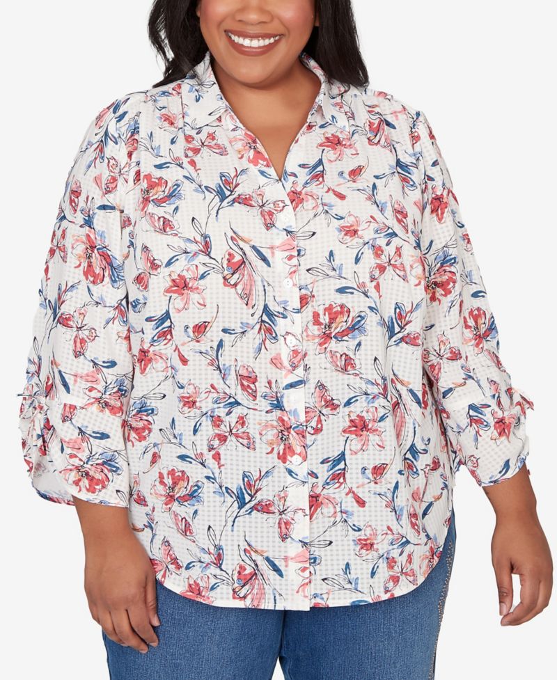 Plus Size Austin Etched Floral Butterfly Button-Down Top